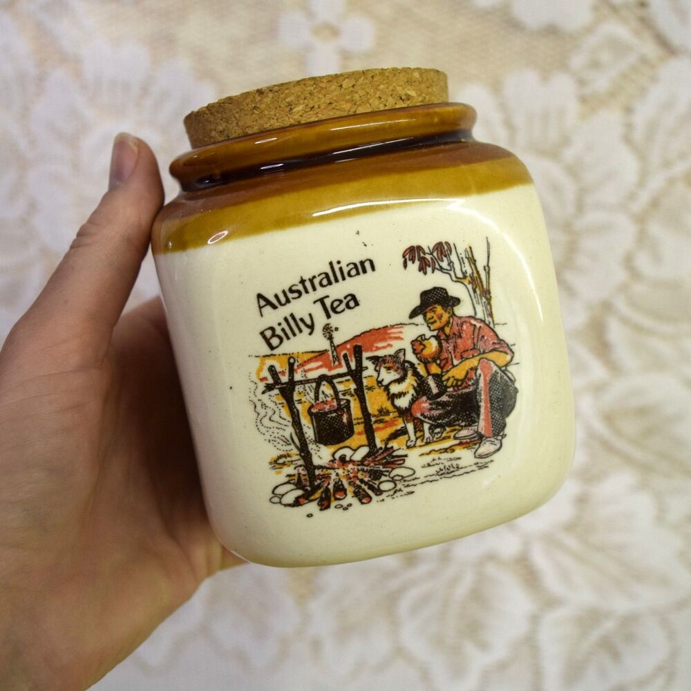 Vintage Australian Billy Tea Ceramic Can with Cork Lid Instructions Canister Jar